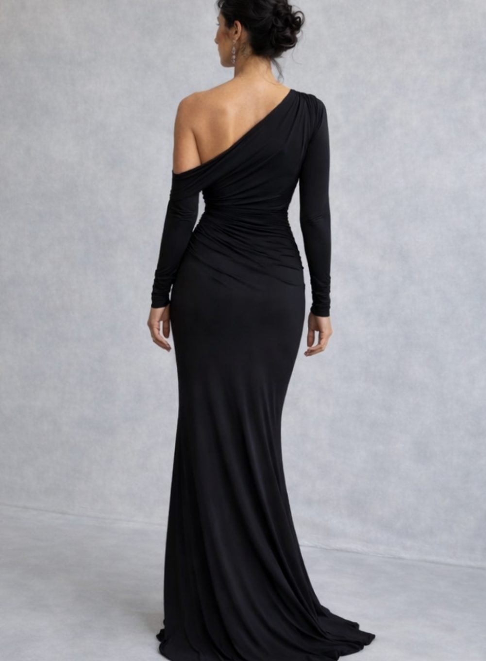 Women's One Shoulder Ruched Maxi Dress Long Sleeve Fitted Gown