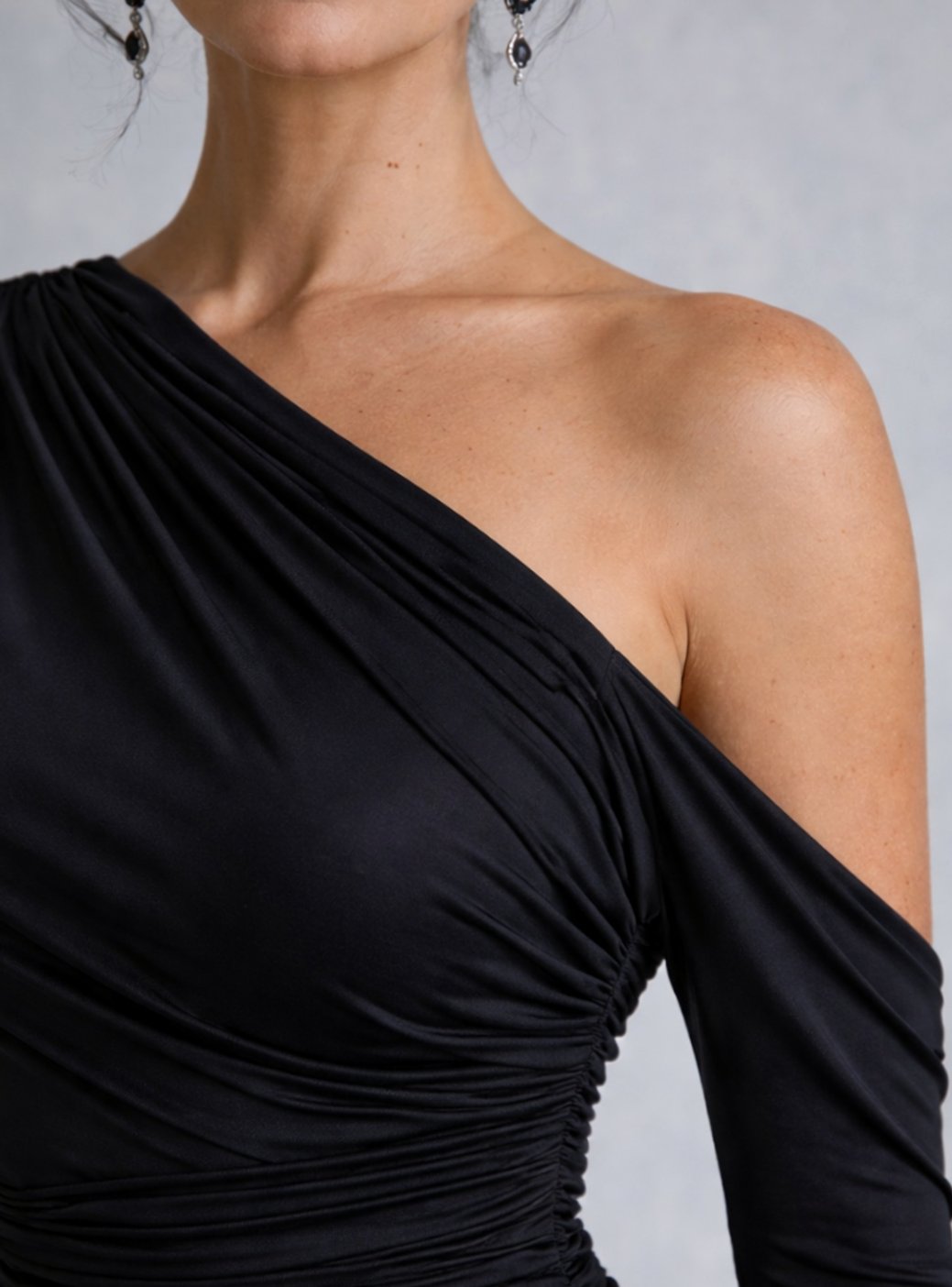 Women's One Shoulder Ruched Maxi Dress Long Sleeve Fitted Gown