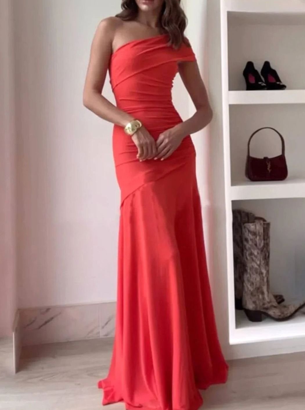 Women's One-Shoulder Ruched Maxi Wedding Guest Dress