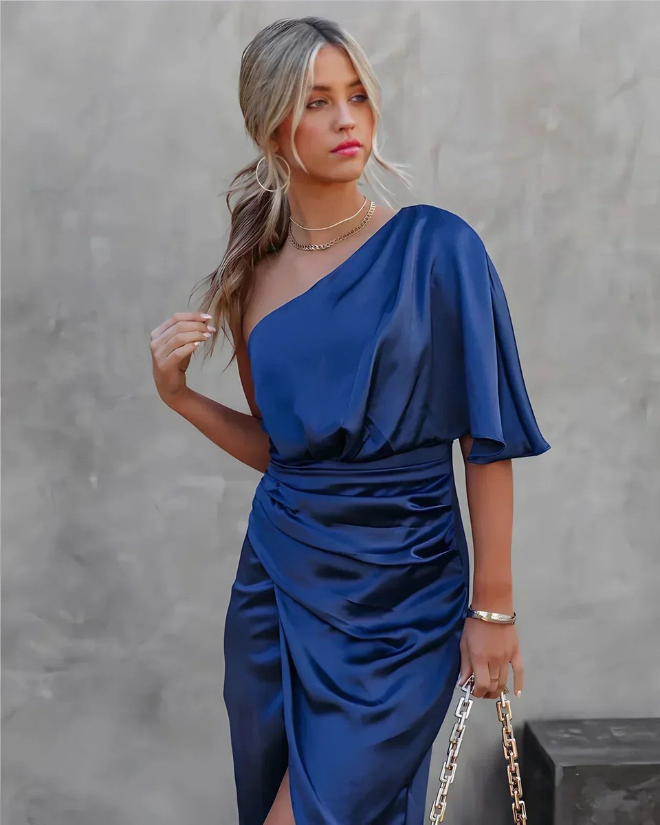 Women's One-Shoulder Ruched Satin Formal & Evening Dress Midi - Blue