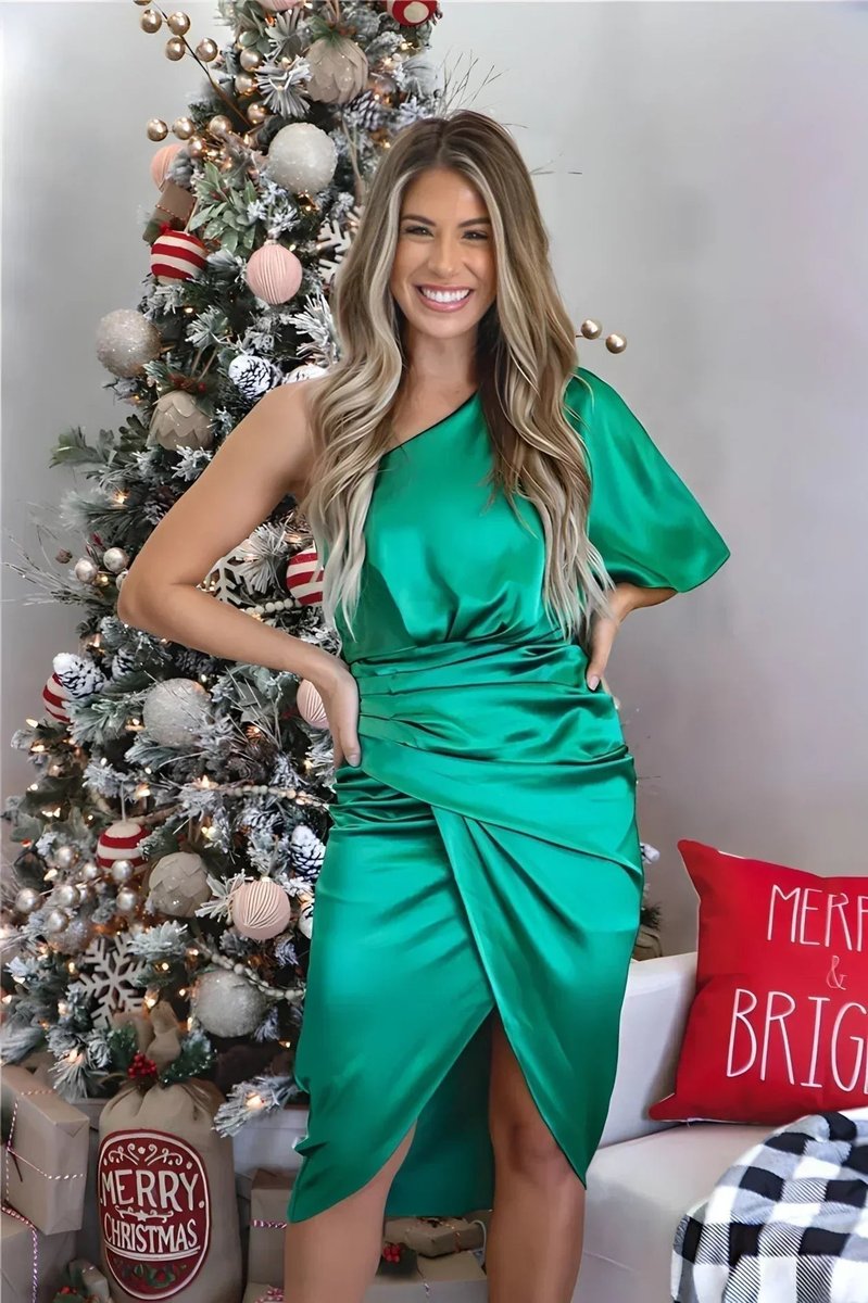 Women's One-Shoulder Ruched Satin Formal & Evening Dress Midi - Green