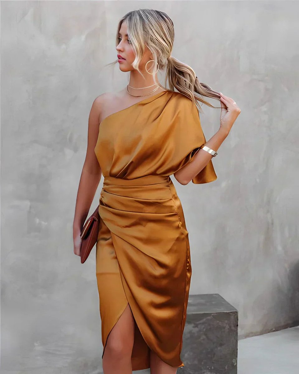 Women's One-Shoulder Ruched Satin Formal & Evening Dress Midi - Orange