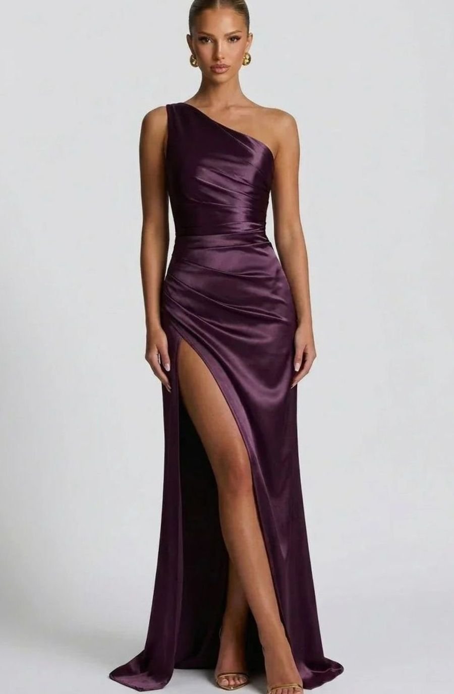 Women's One-Shoulder Ruched Satin Maxi Formal Dress - Purple