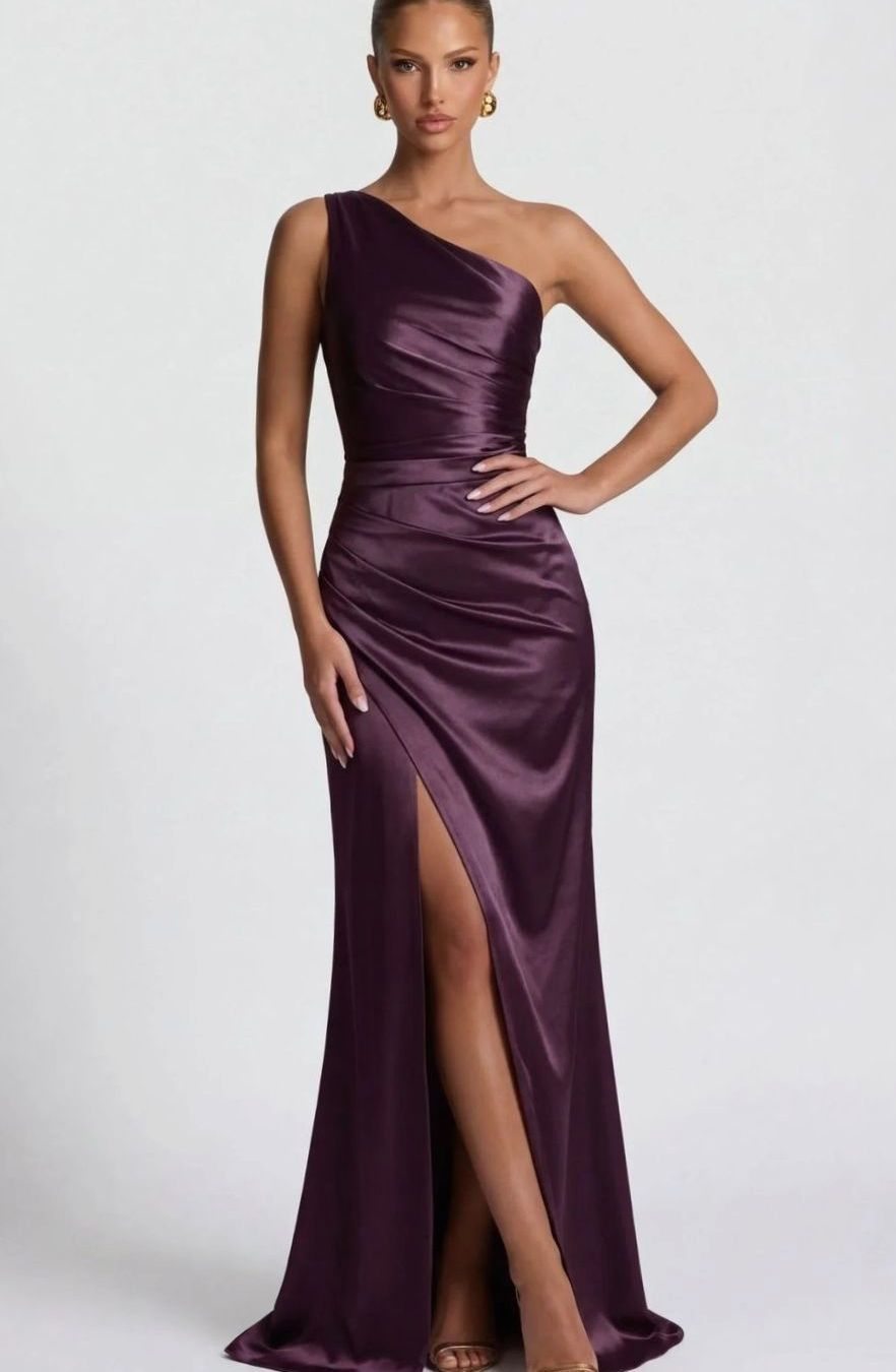 Women's One-Shoulder Ruched Satin Maxi Formal Dress