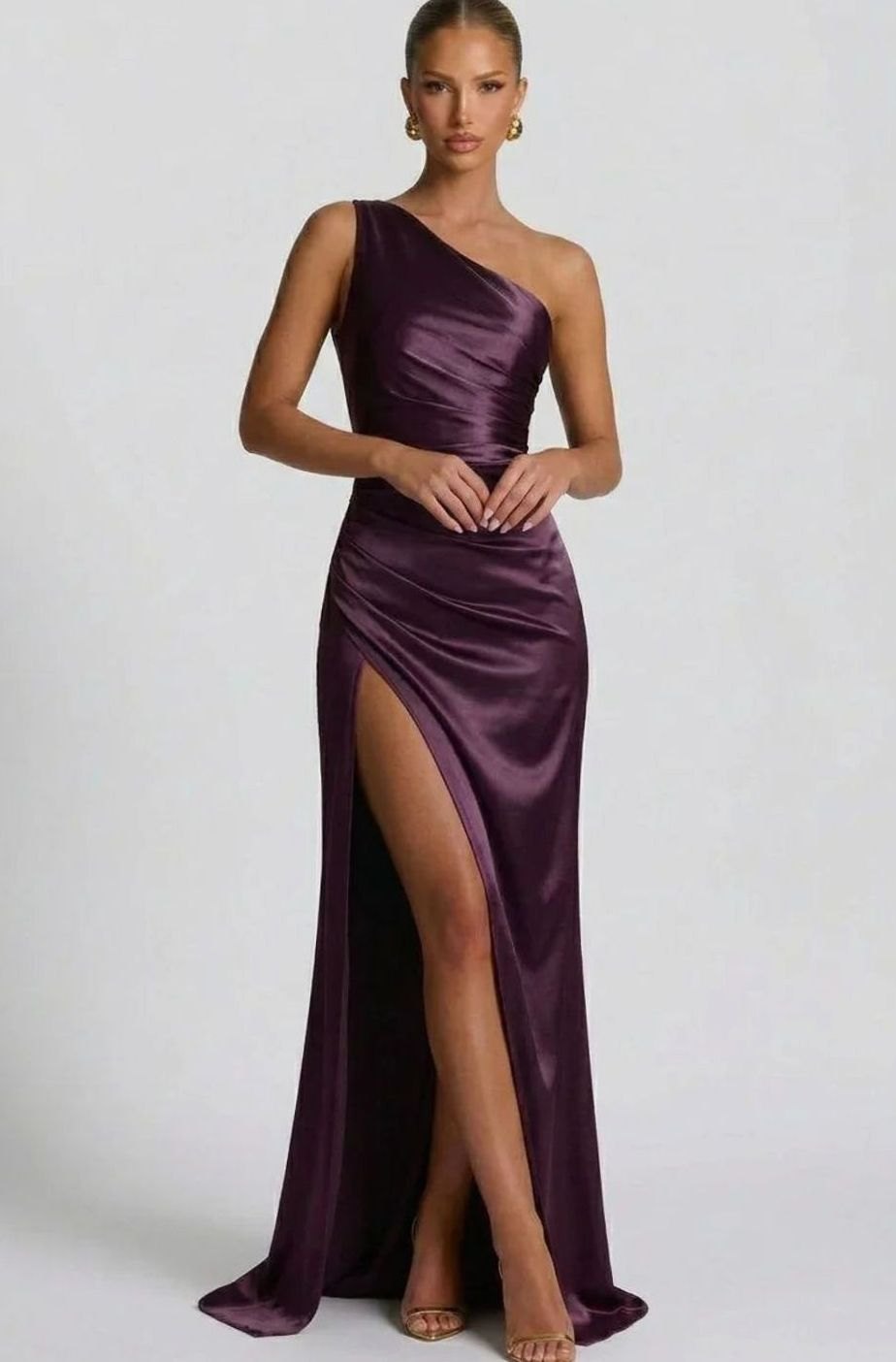 Women's One-Shoulder Ruched Satin Maxi Formal Dress