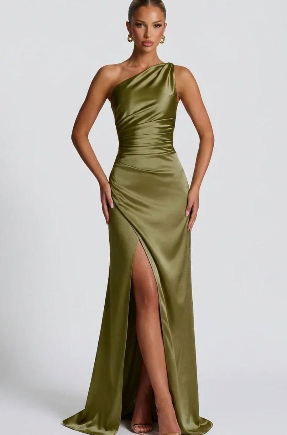 Women's One-Shoulder Ruched Satin Maxi Formal Dress - Green