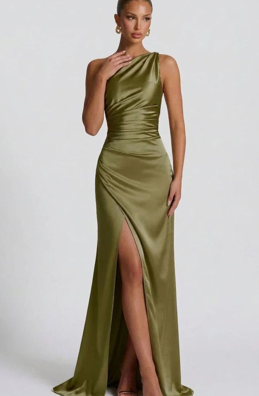 Women's One-Shoulder Ruched Satin Maxi Formal Dress