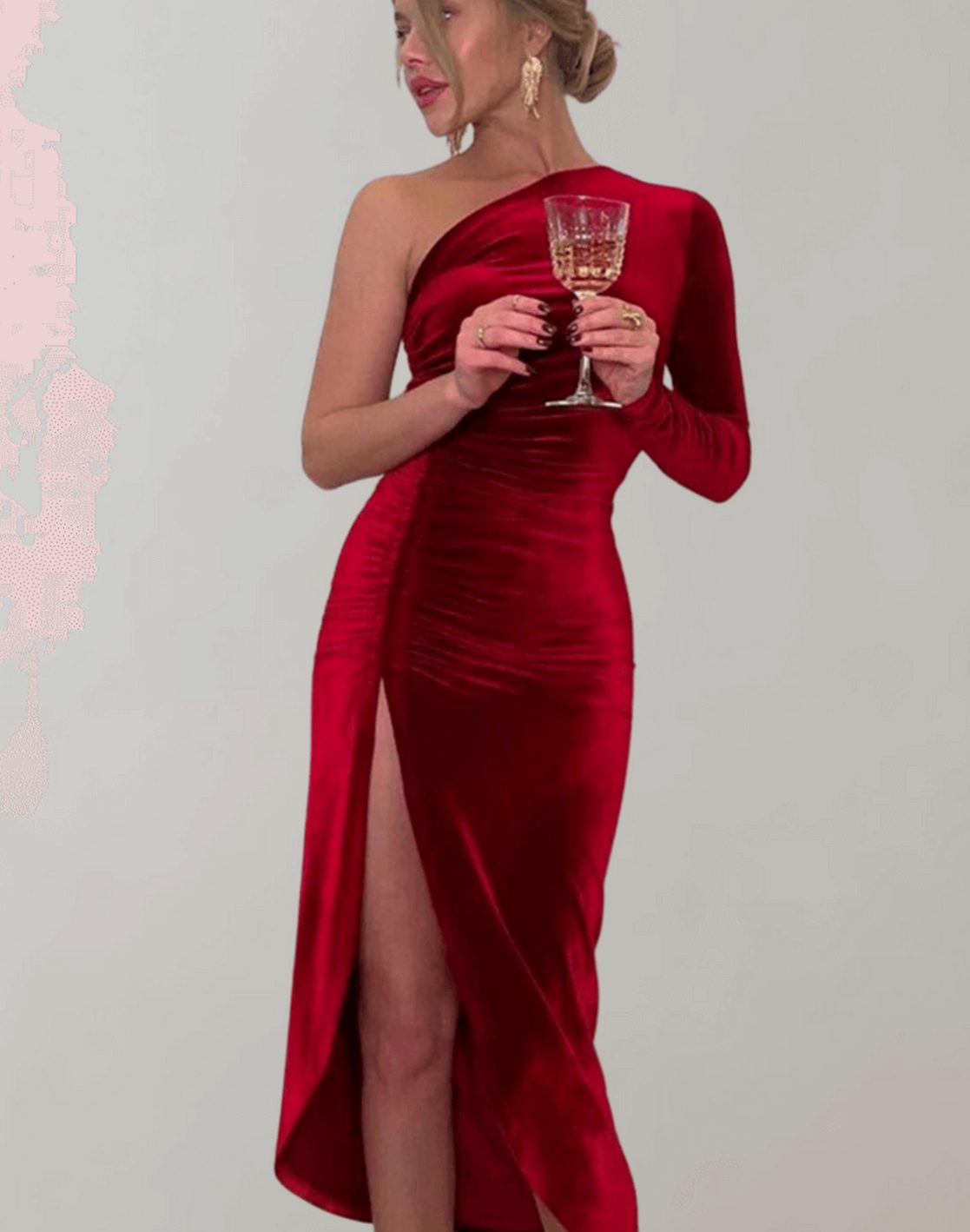 Women's One-Shoulder Ruched Velvet Formal Gown Slit - Red