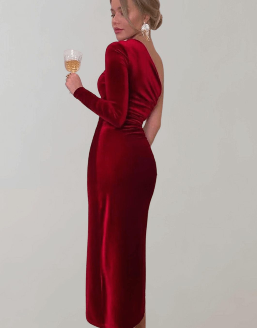 Women's One-Shoulder Ruched Velvet Formal Gown Slit