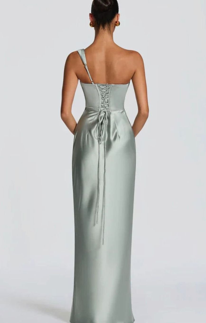 Women's One-Shoulder Satin Fitted Formal Maxi Dress
