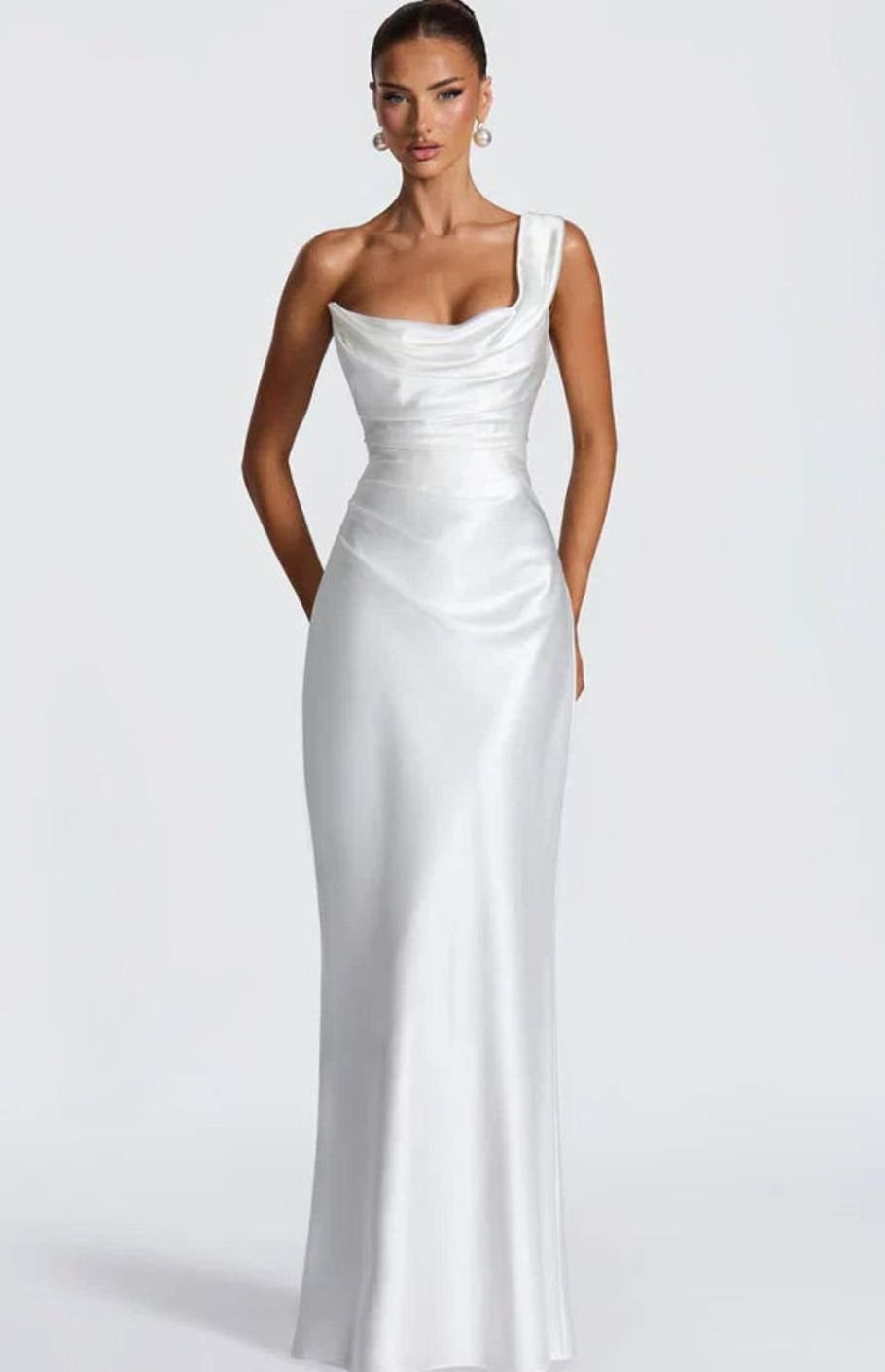 Women's One-Shoulder Satin Fitted Formal Maxi Dress - White