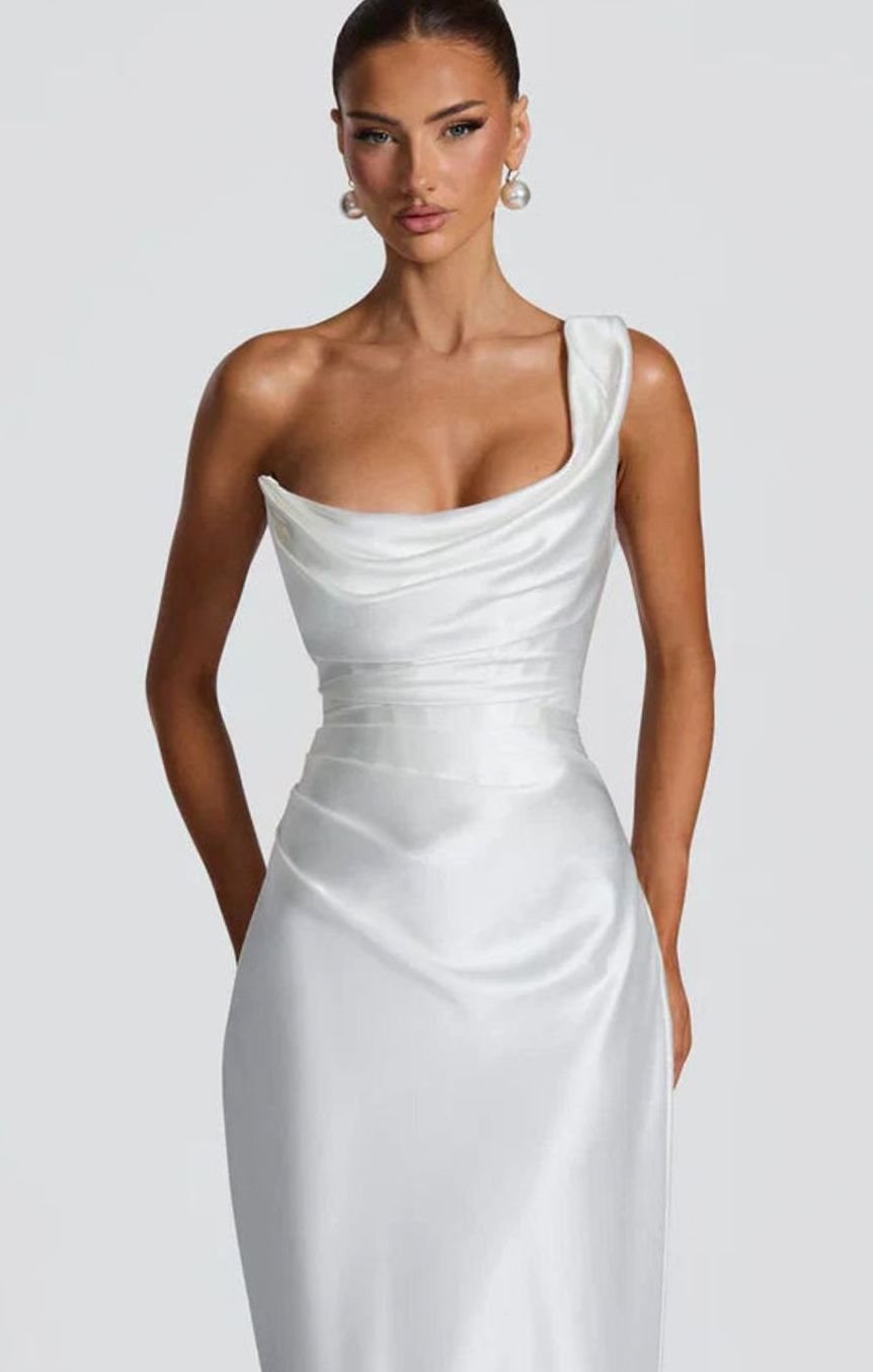 Women's One-Shoulder Satin Fitted Formal Maxi Dress