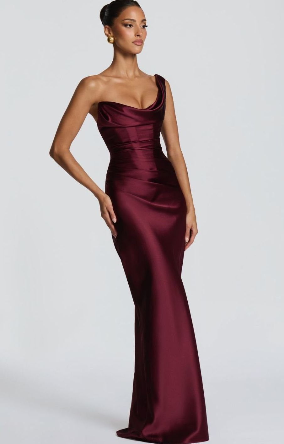 Women's One-Shoulder Satin Fitted Formal Maxi Dress