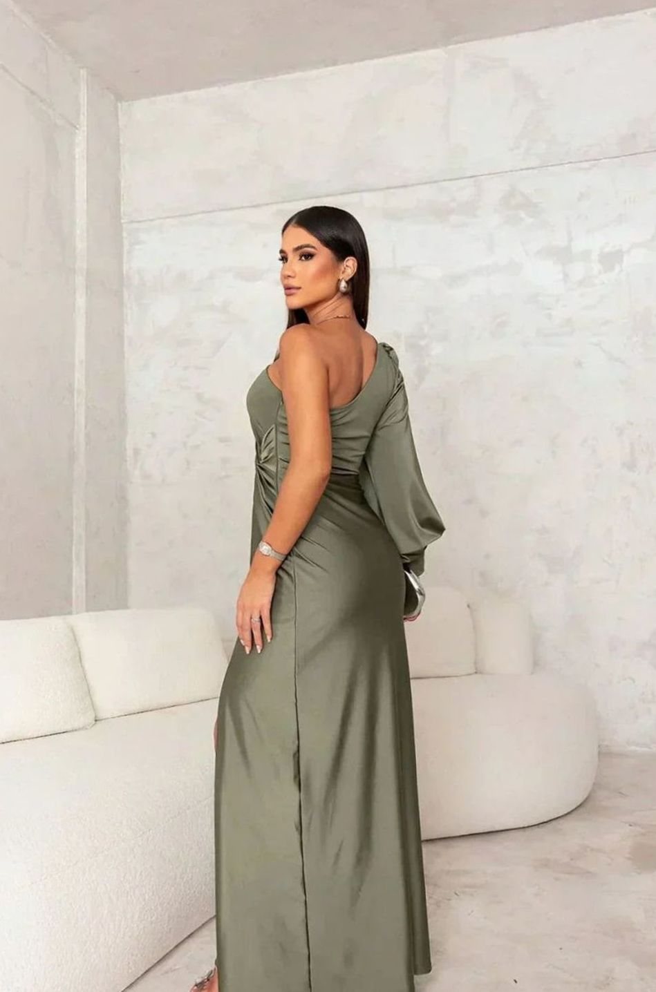 Women's One-Shoulder Satin Maxi Evening Dress Front Slit II