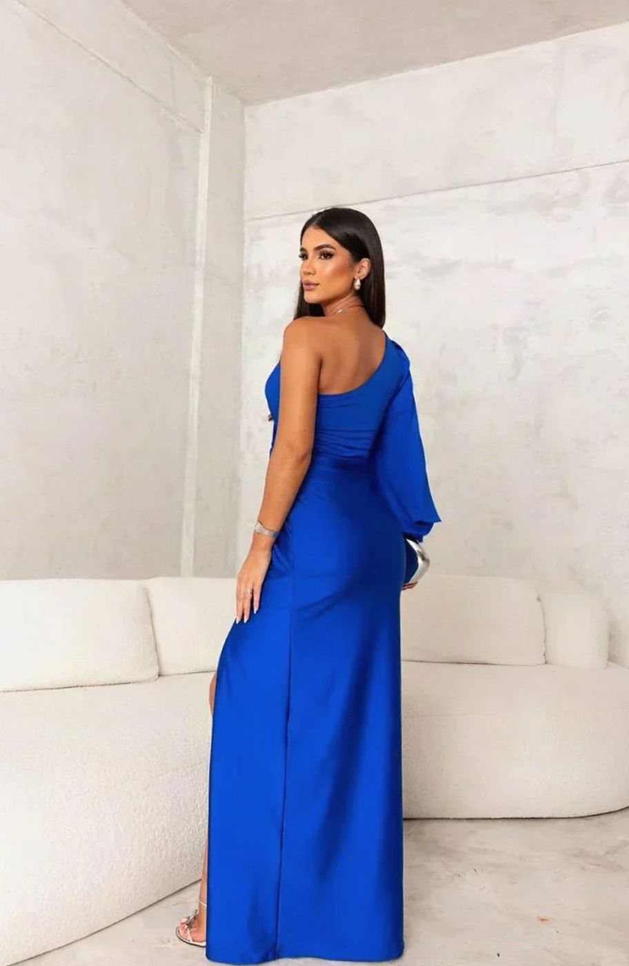 Women's One-Shoulder Satin Maxi Evening Dress Front Slit II
