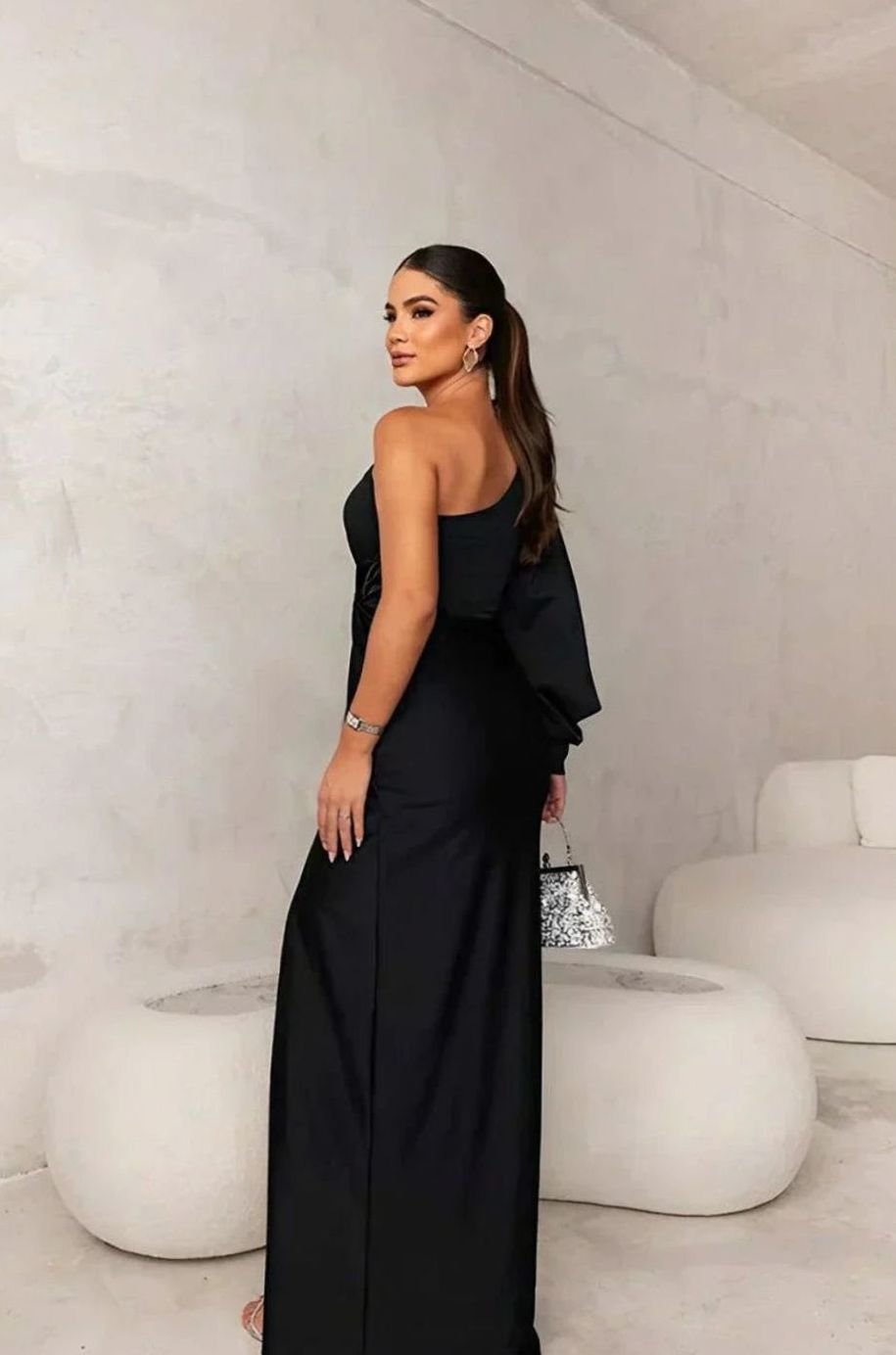 Women's One-Shoulder Satin Maxi Evening Dress Front Slit II
