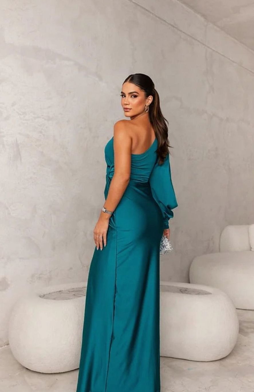 Women's One-Shoulder Satin Maxi Evening Dress Front Slit II