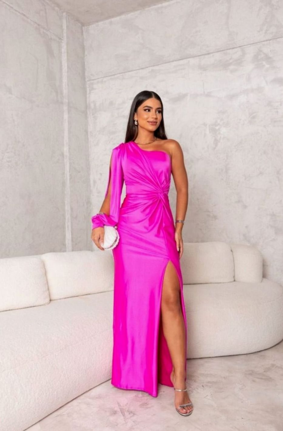 Women's One-Shoulder Satin Maxi Evening Dress Front Slit II - Fuchsia