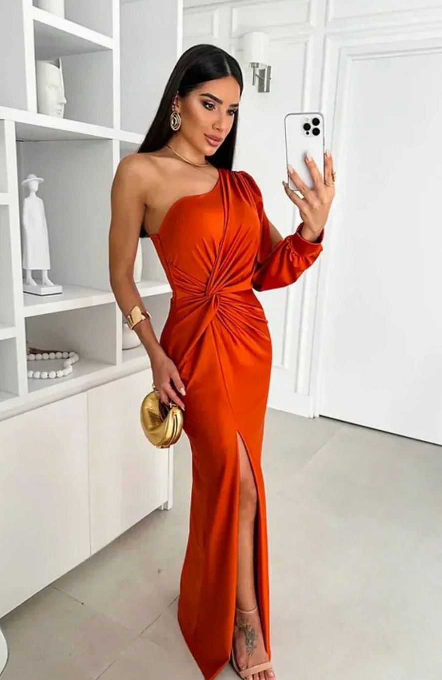 Women's One-Shoulder Satin Maxi Evening Dress Front Slit II - Orange