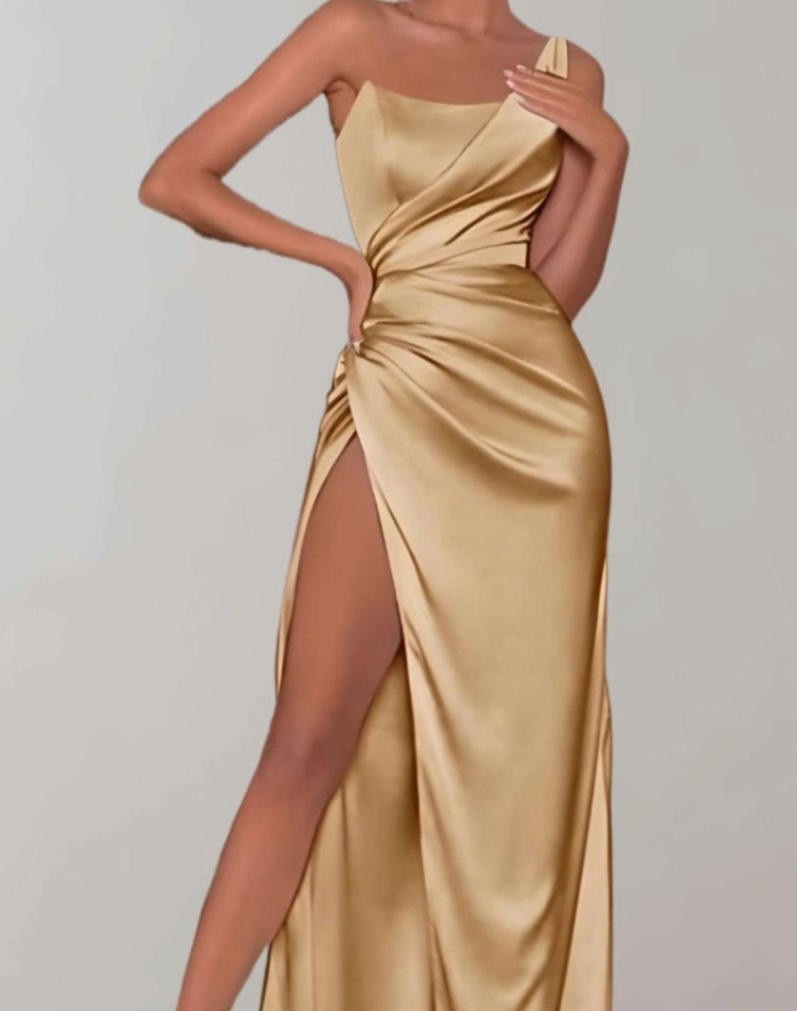 Women's One-Shoulder Satin Maxi Evening Dress High Slit II - Champagne