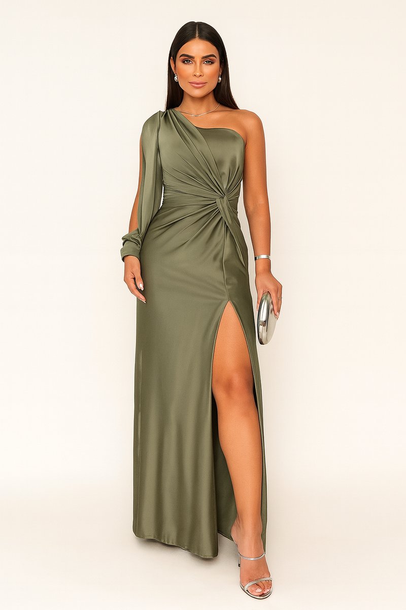 Women's One-Shoulder Satin Maxi Summer Dress Jumpsuit Formal Gown - Olive Green