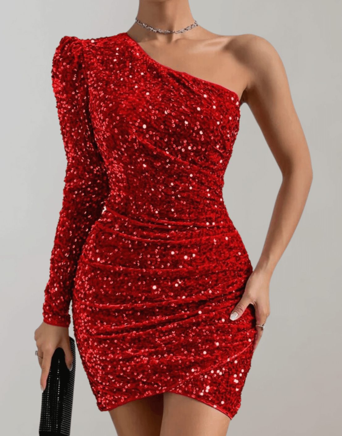 Women's One-Shoulder Sequin Bodycon Mini Party Dress, Royal Blue - Red