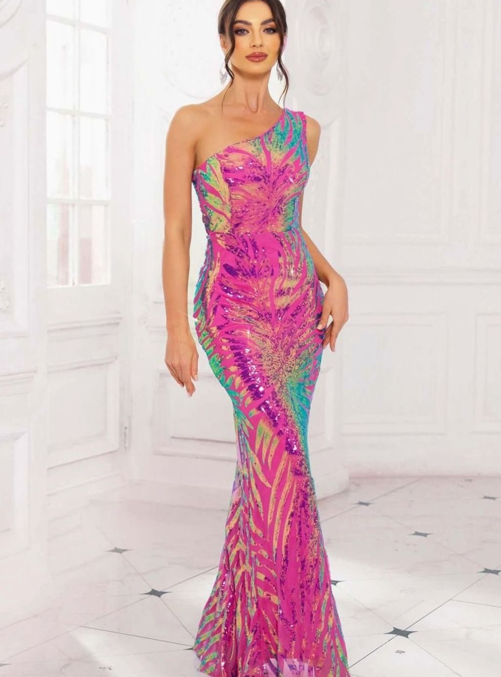 Women's One-Shoulder Sequin Mermaid Formal Evening Gown, Pink - Pink