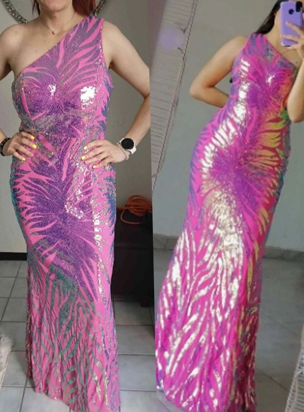 Women's One-Shoulder Sequin Mermaid Formal Evening Gown, Pink