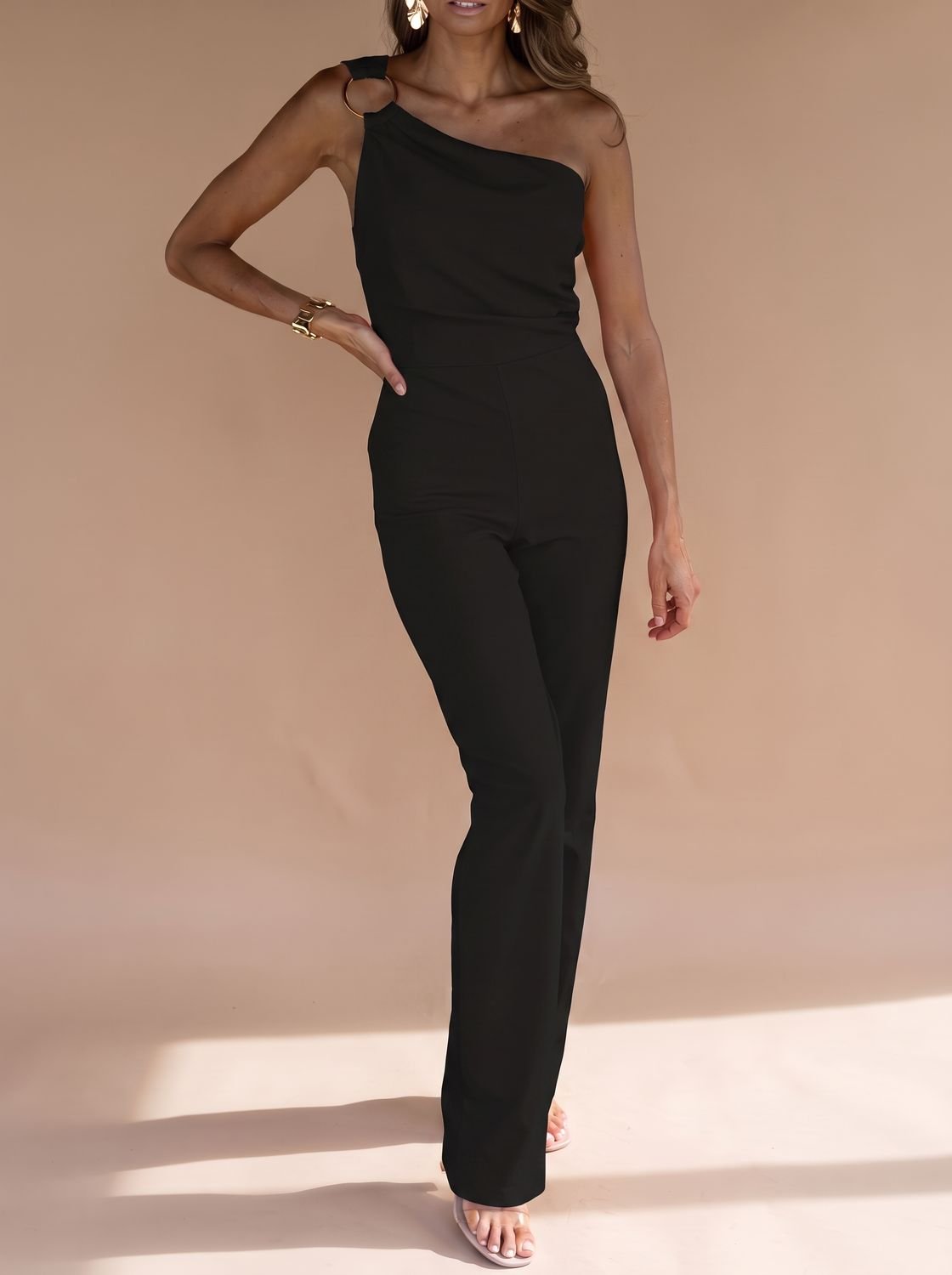 Women's One-Shoulder Sleeveless Slim-Fit Wide-Leg Jumpsuit - Black