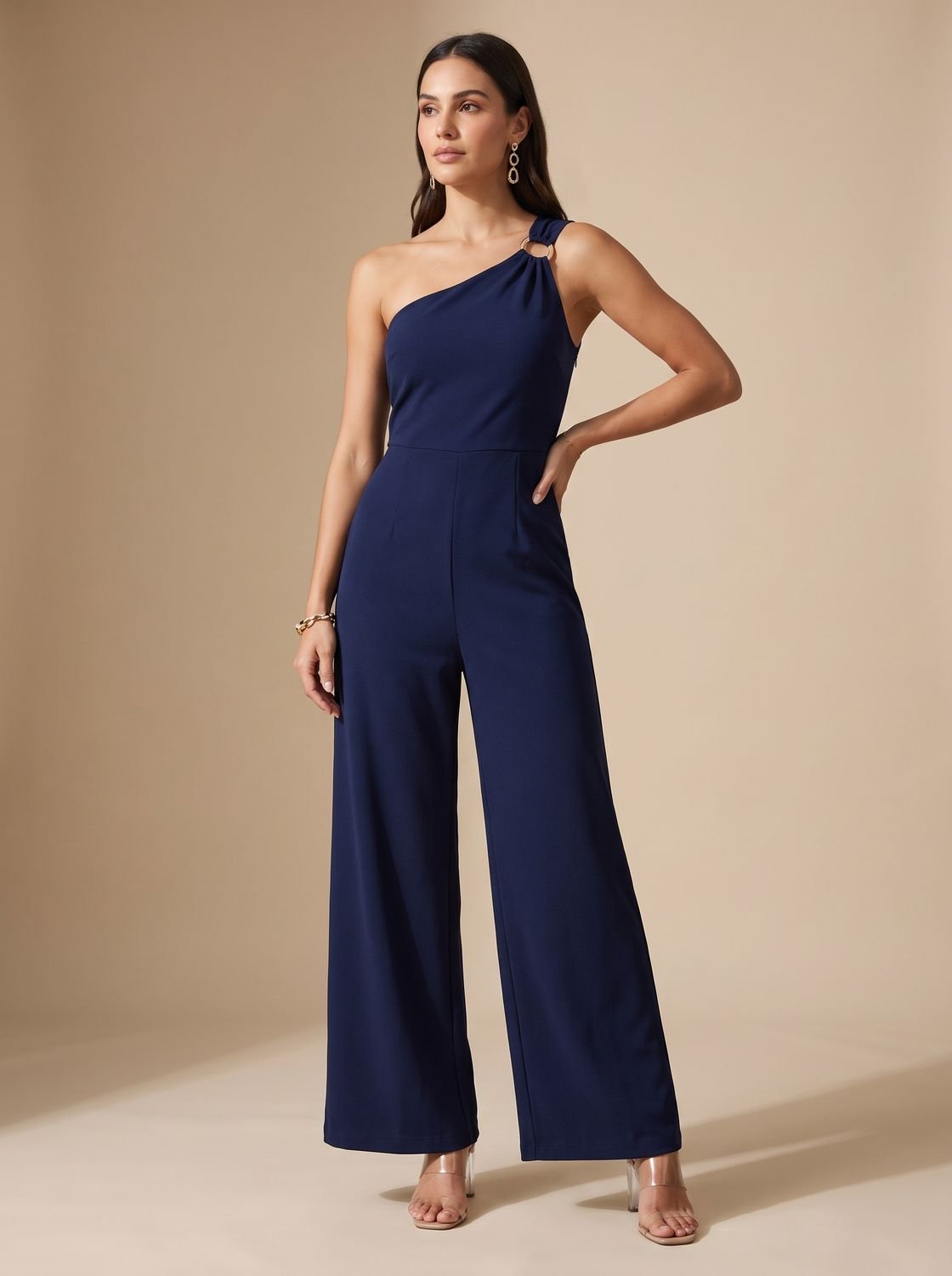 Women's One-Shoulder Sleeveless Slim-Fit Wide-Leg Jumpsuit - Dark Blue