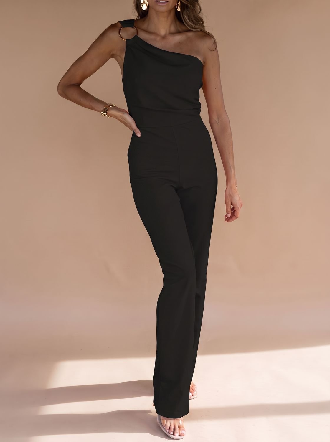 Women's One-Shoulder Sleeveless Slim-Fit Wide-Leg Jumpsuit