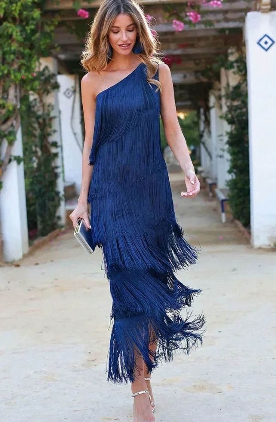 Women's One-Shoulder Tiered Fringe Maxi Dress - Blue
