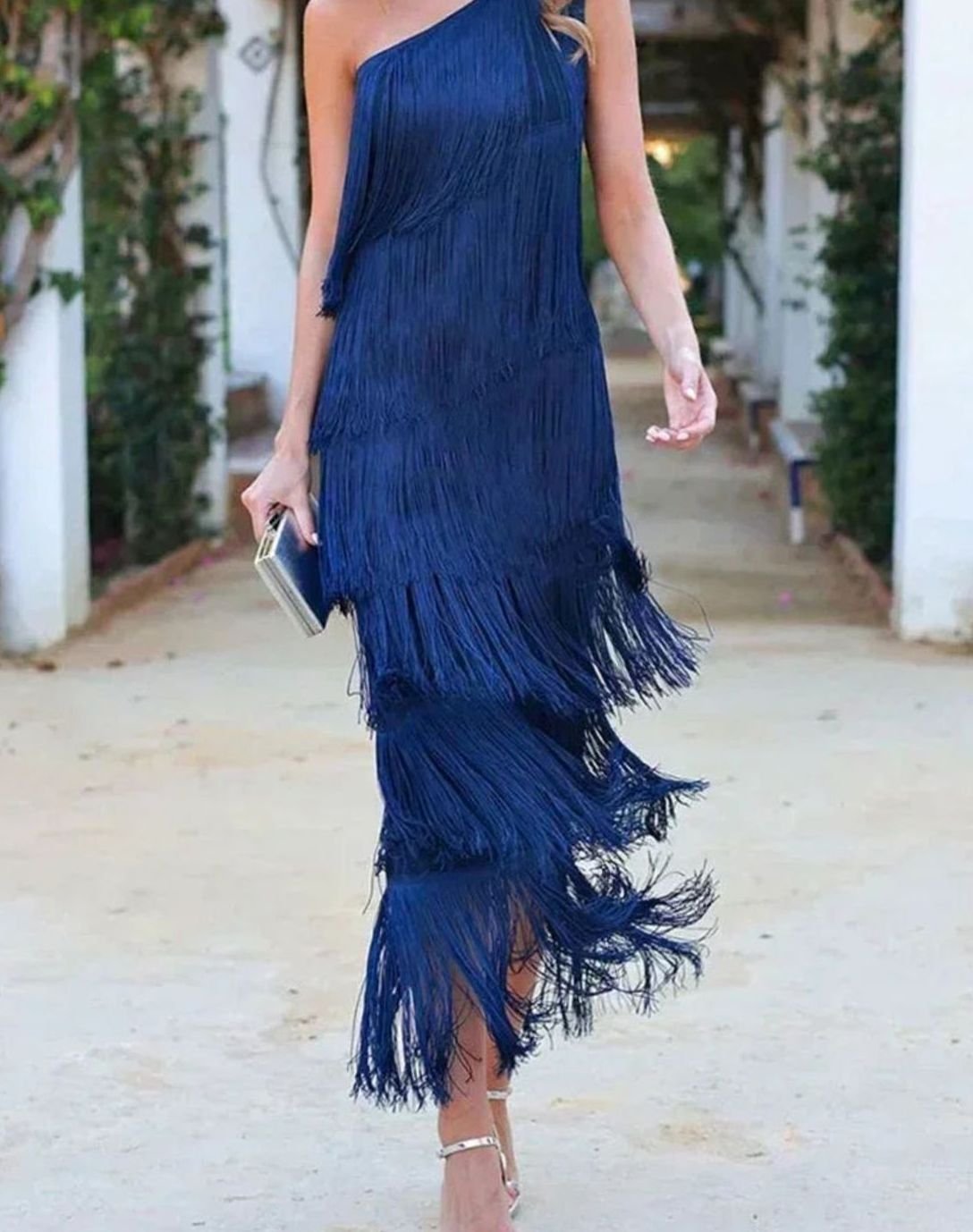 Women's One-Shoulder Tiered Fringe Maxi Dress