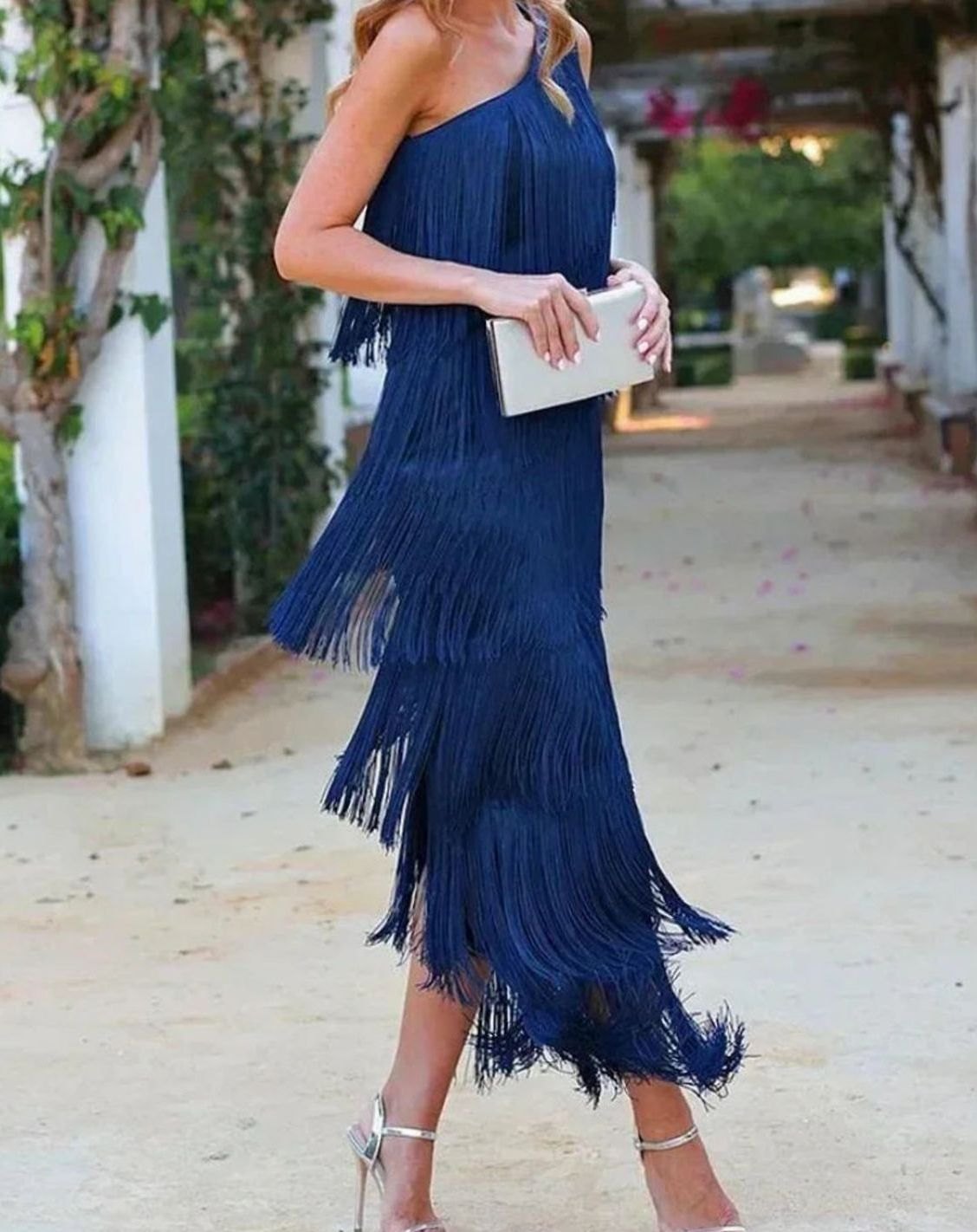 Women's One-Shoulder Tiered Fringe Maxi Dress