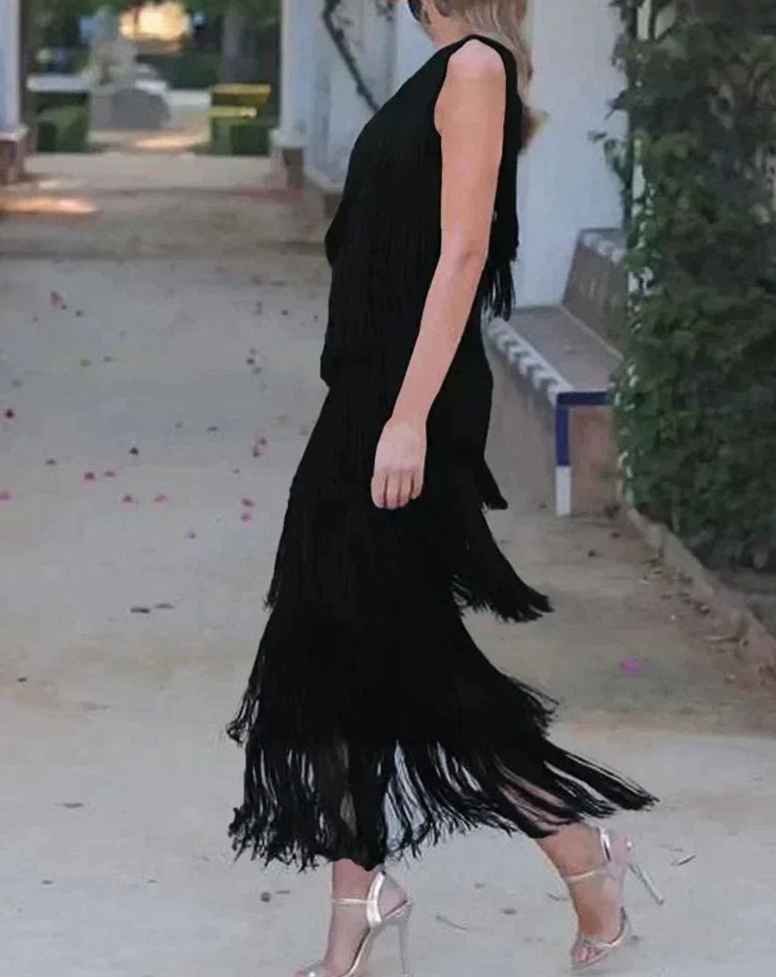 Women's One-Shoulder Tiered Fringe Maxi Dress