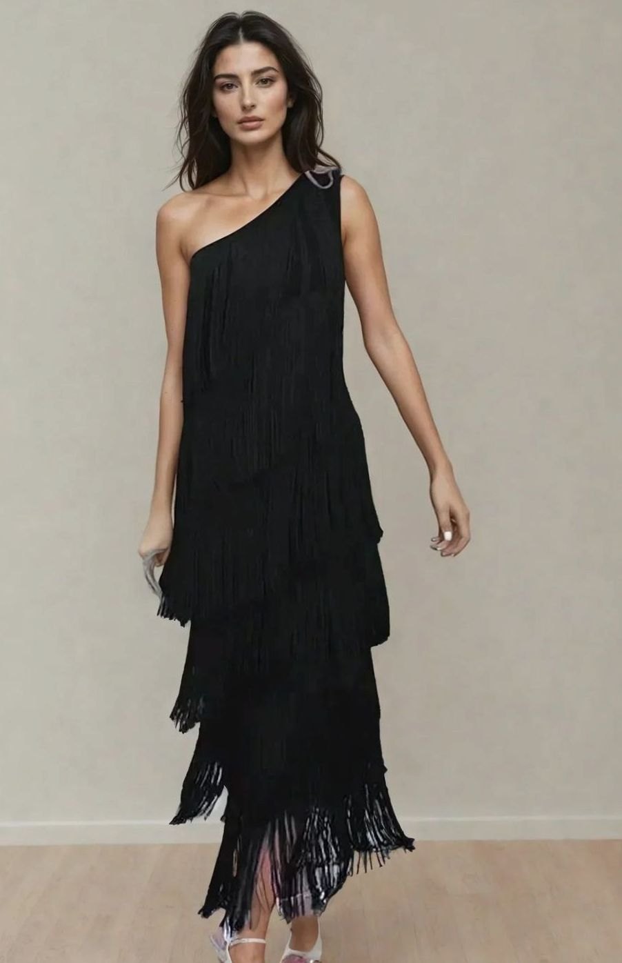 Women's One-Shoulder Tiered Fringe Maxi Dress