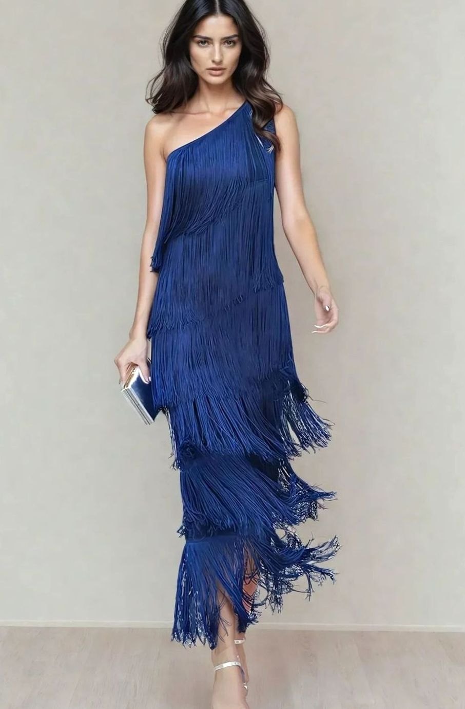 Women's One-Shoulder Tiered Fringe Maxi Dress