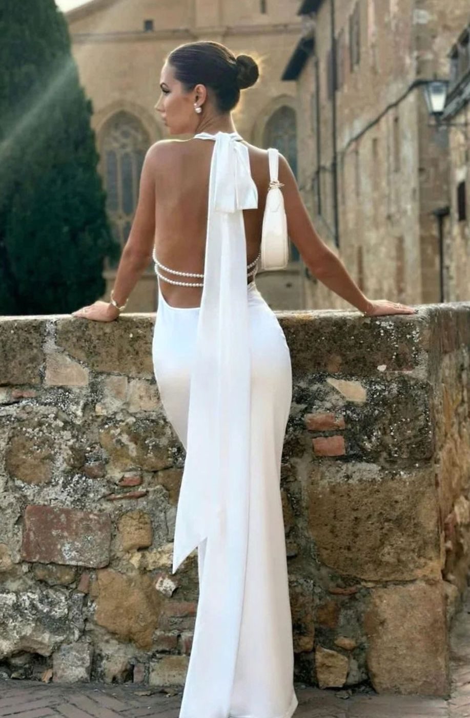 Women's Open-Back Pearl-Detail Halter White Maxi Gown - Color