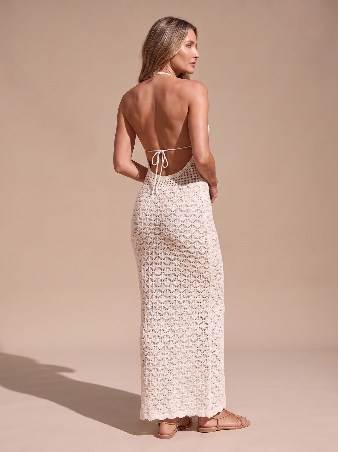 Women's Open-Knit Halter-Neck Bodycon Maxi Dress