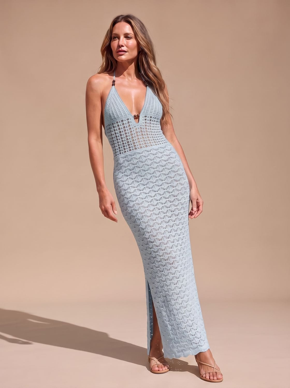 Women's Open-Knit Halter-Neck Bodycon Maxi Dress - Sky Blue