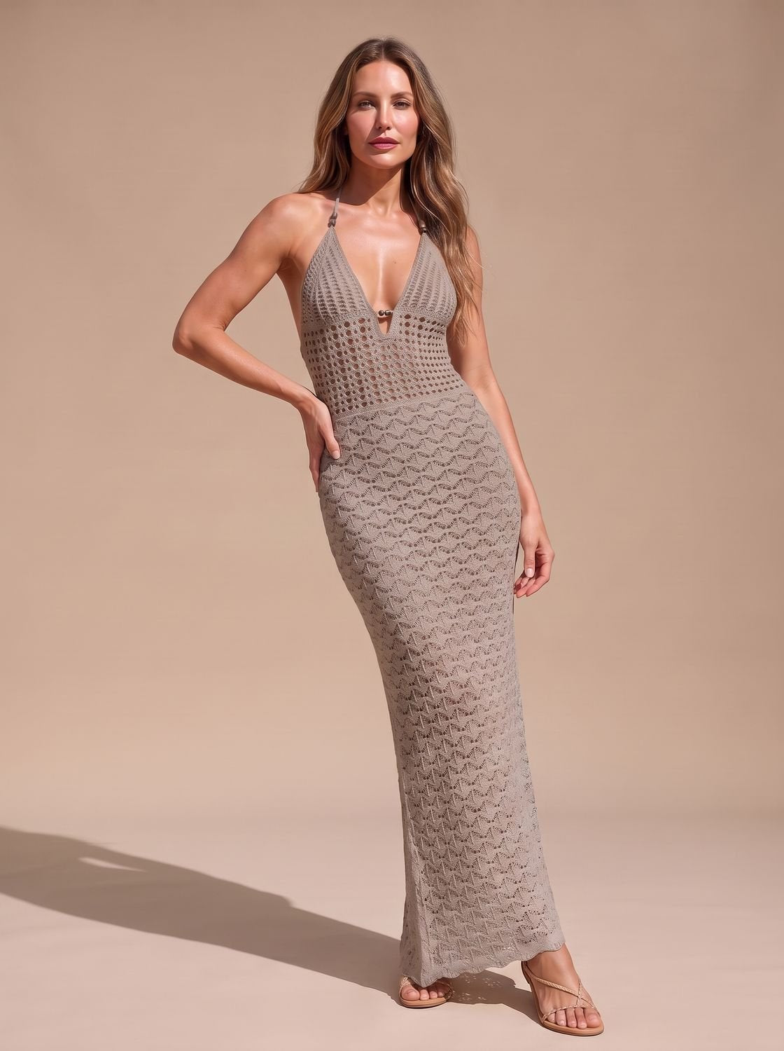 Women's Open-Knit Halter-Neck Bodycon Maxi Dress - Grey