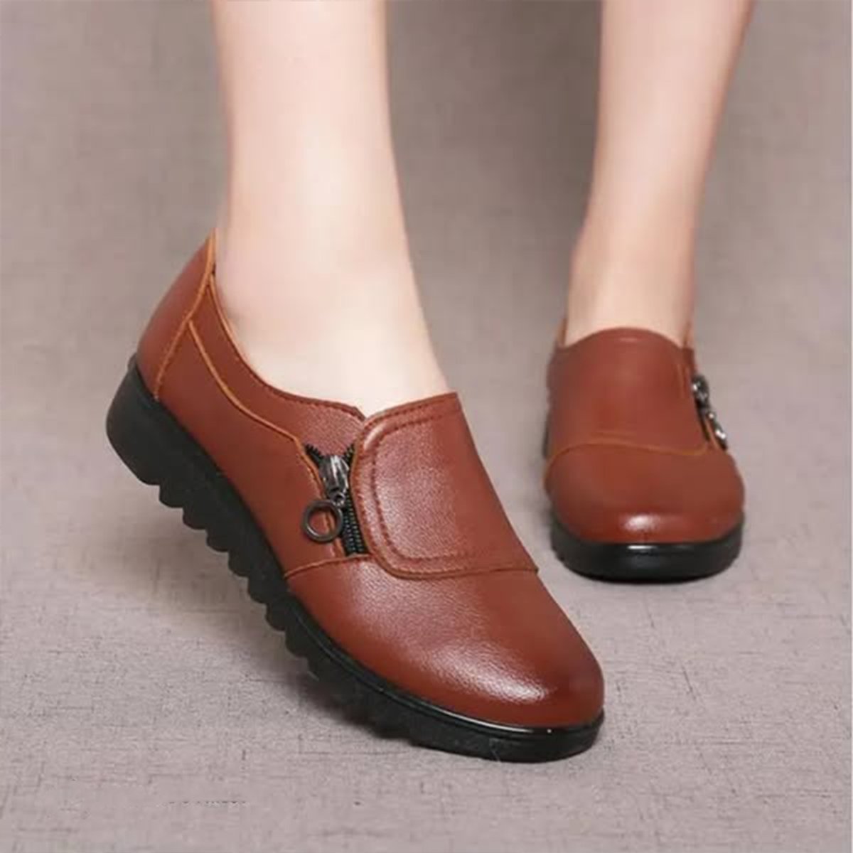 Women's Orthopaedic Zip-Up Comfort Sneakers Faux Leather Flat Loafers - Brown