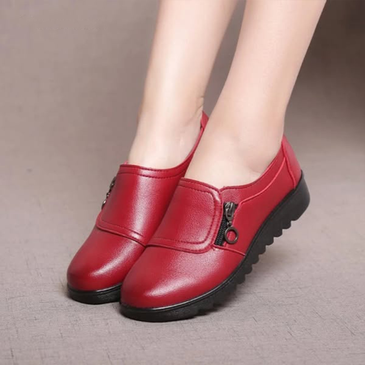 Women's Orthopaedic Zip-Up Comfort Sneakers Faux Leather Flat Loafers - Red