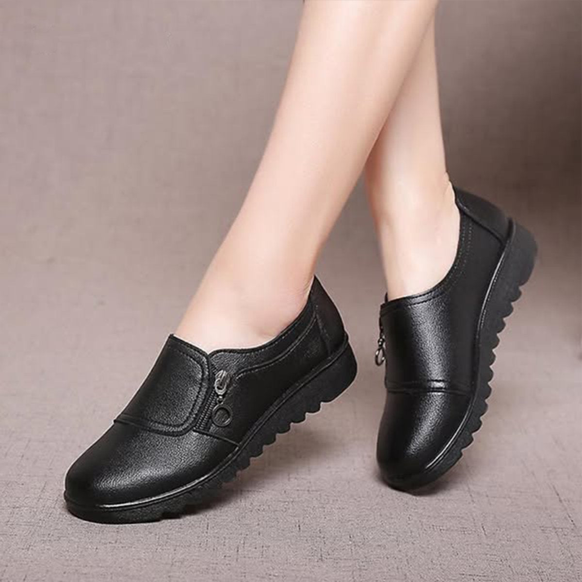 Women's Orthopaedic Zip-Up Comfort Sneakers Faux Leather Flat Loafers - Black