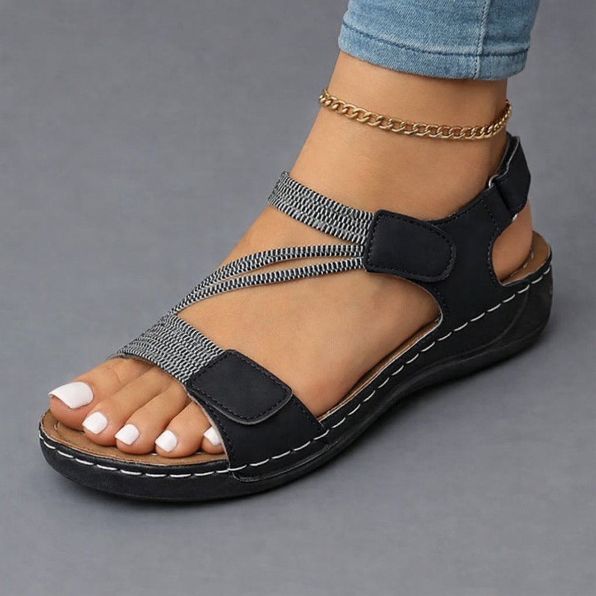 Women's Orthopedic Adjustable Velcro Strap Comfort Sandals - Black
