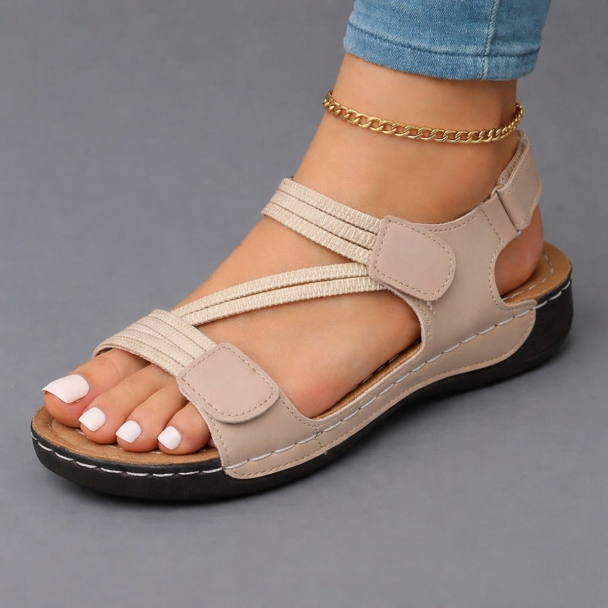 Women's Orthopedic Adjustable Velcro Strap Comfort Sandals - Beige