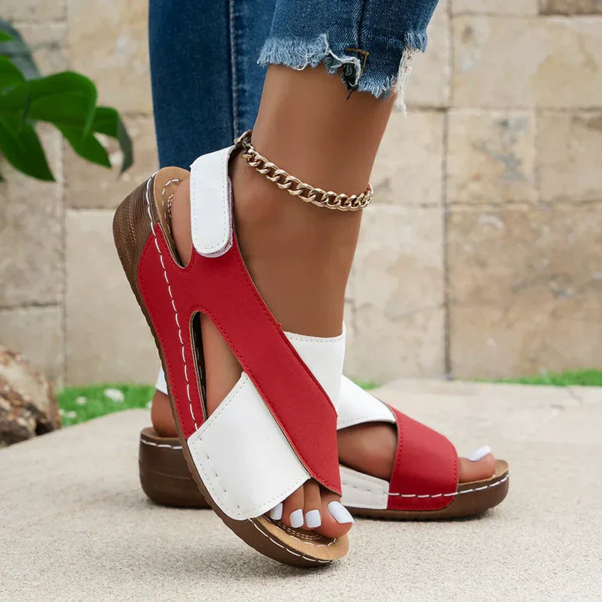 Women's Orthopedic Arch-Support Slingback Comfort Sandals - Red and White
