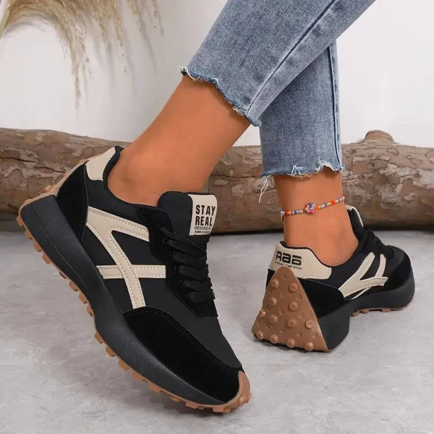 Women's Orthopedic Breathable Athletic Sneakers - Black - Beige