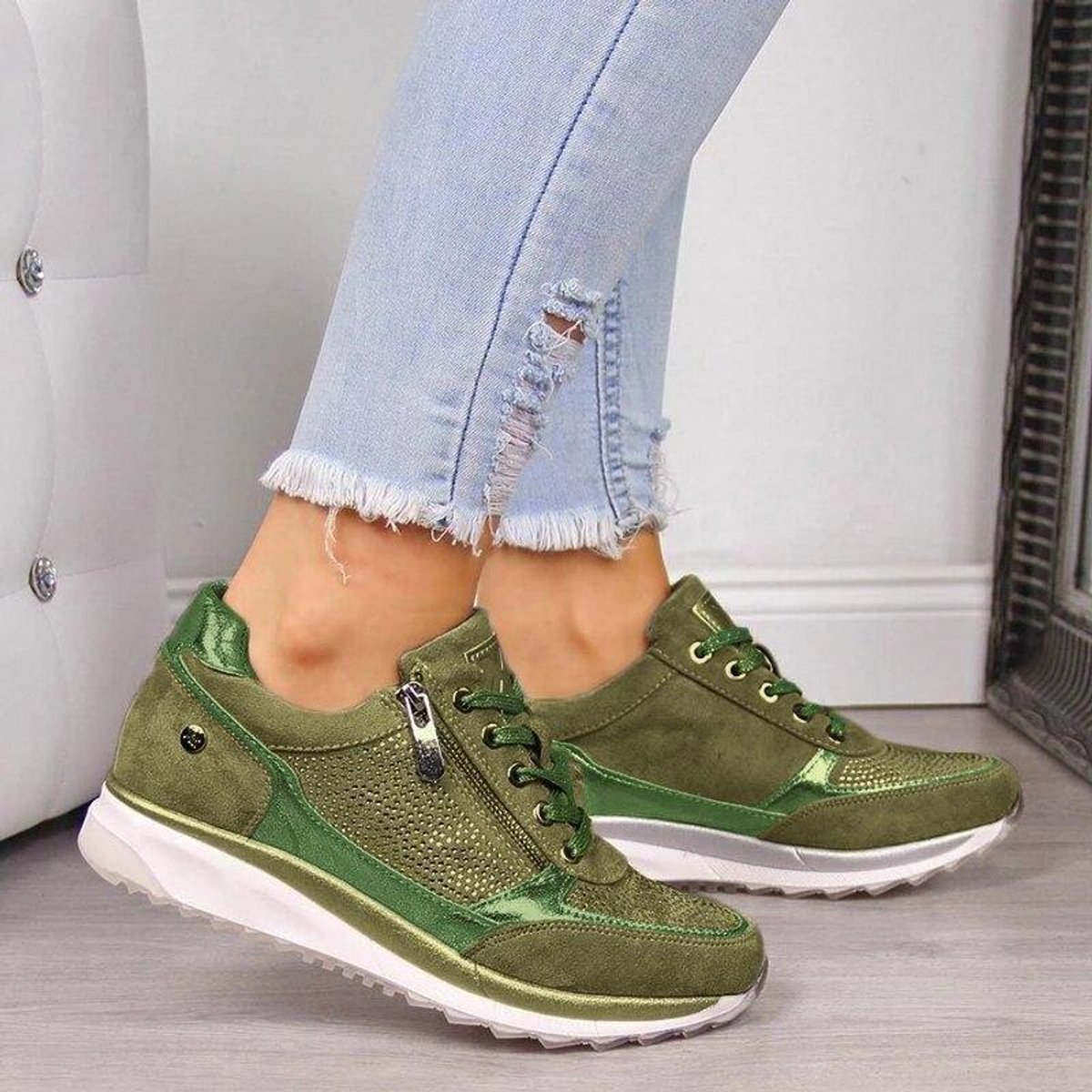 Women's Orthopedic Comfort Sneakers Lace-Up Zipper Platform Trainers - Green