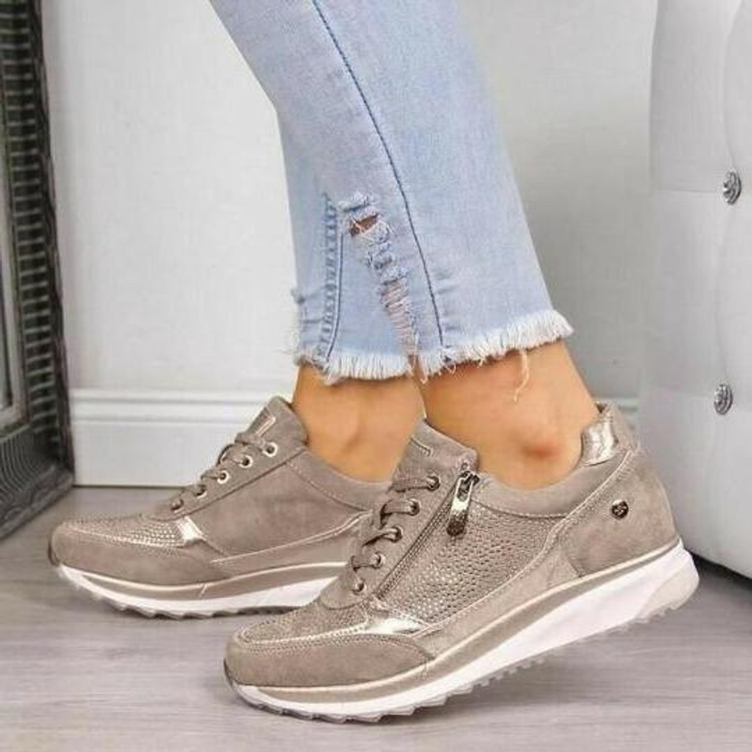 Women's Orthopedic Comfort Sneakers Lace-Up Zipper Platform Trainers - Beige